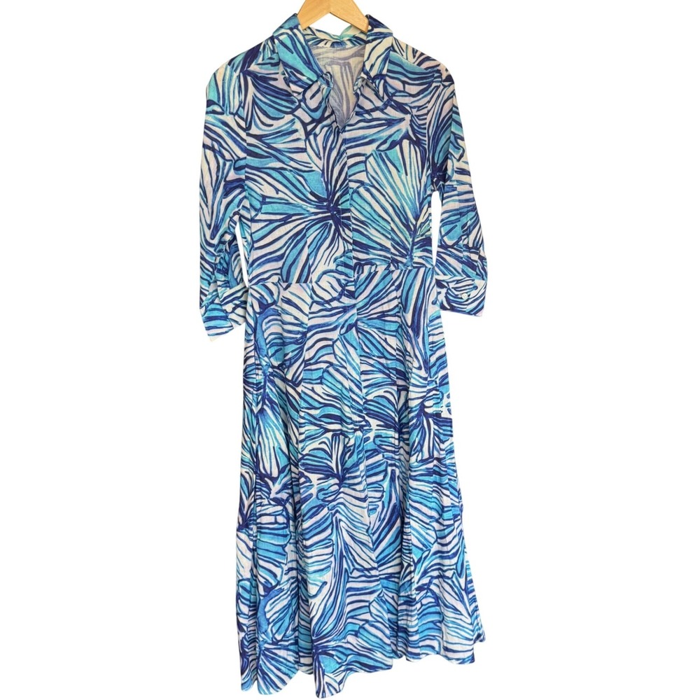 Perlavera‎ Leila Shirt Dress Small Blue White Tropical Cotton Linen Blend Maxi